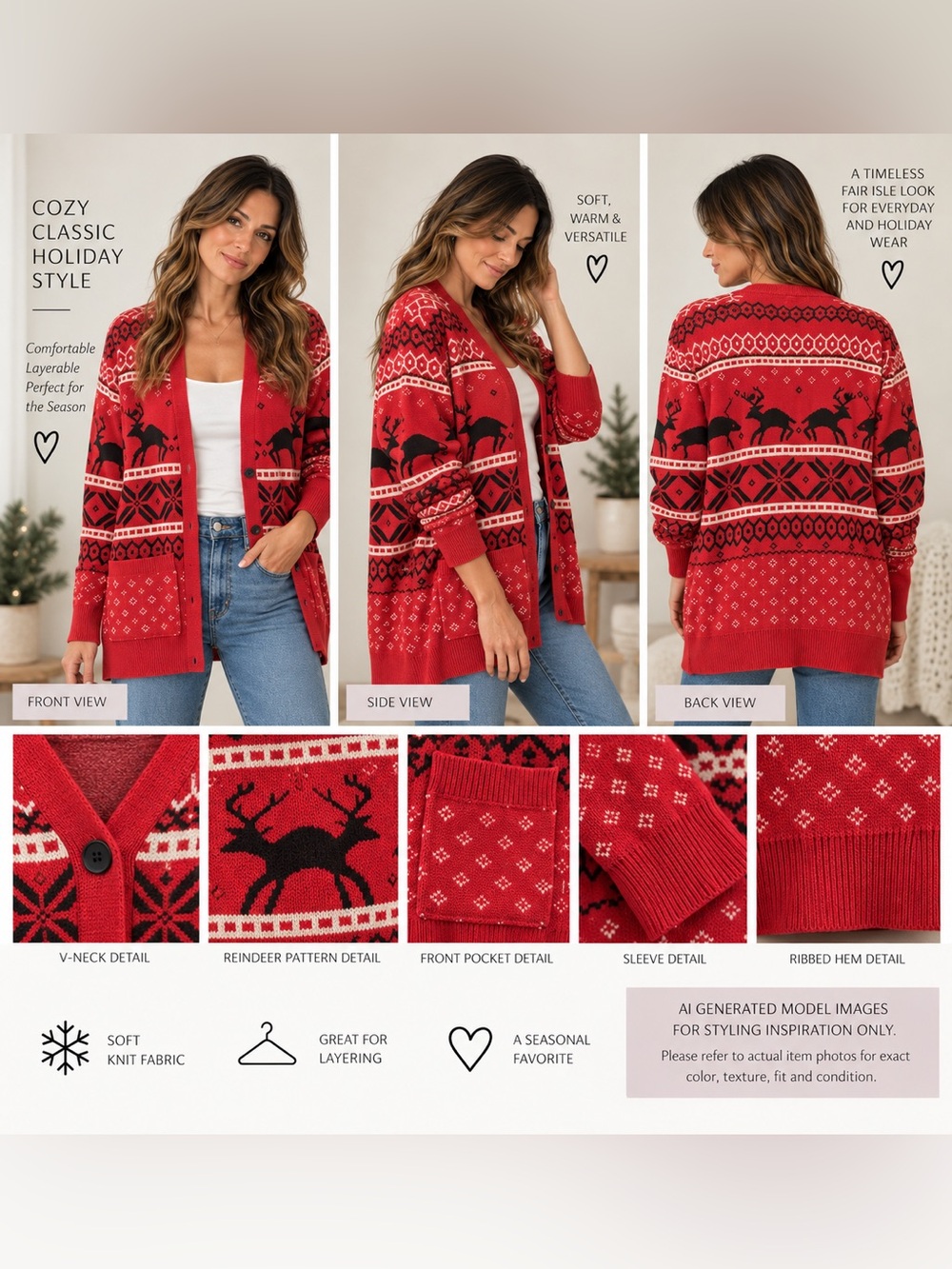 Lukycild Red Reindeer Fair Isle Christmas Cardigan Size L